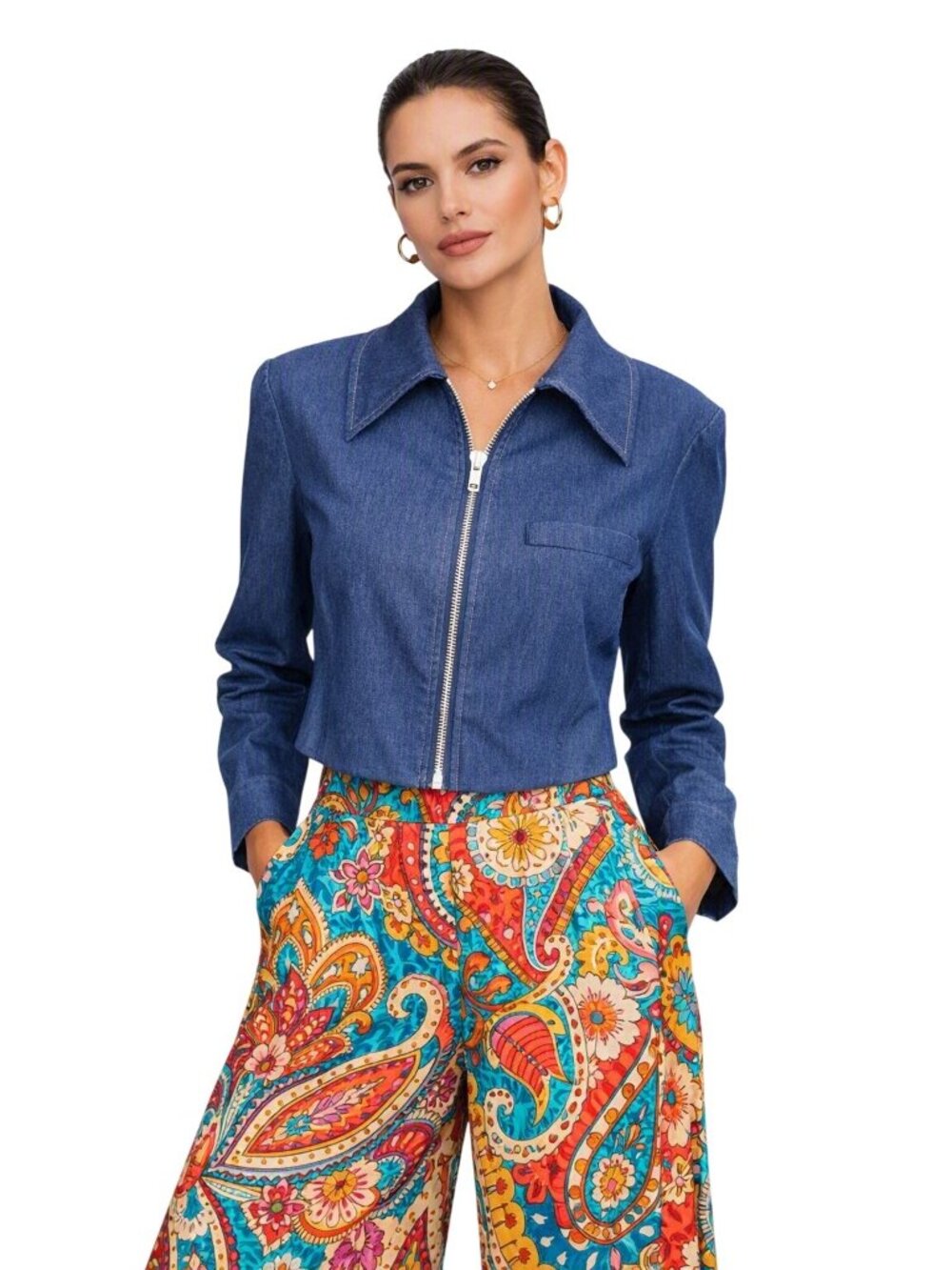 Denim Chambray Crop Jacket M Blue Zip Front Business Blazer Office Classic Boho